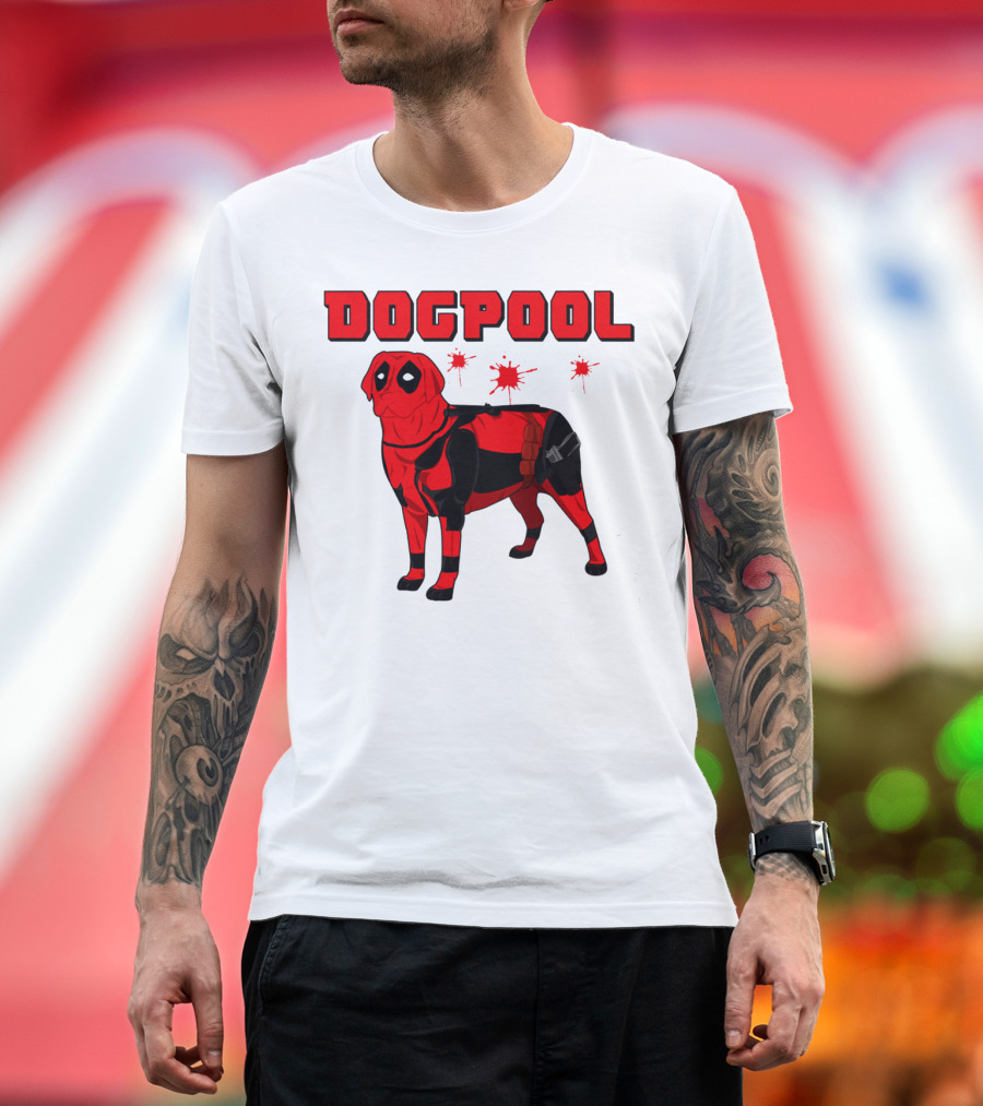 DOGPOOL Inspired by Deadpool with Red Suit and Splattered Background T-Shirt