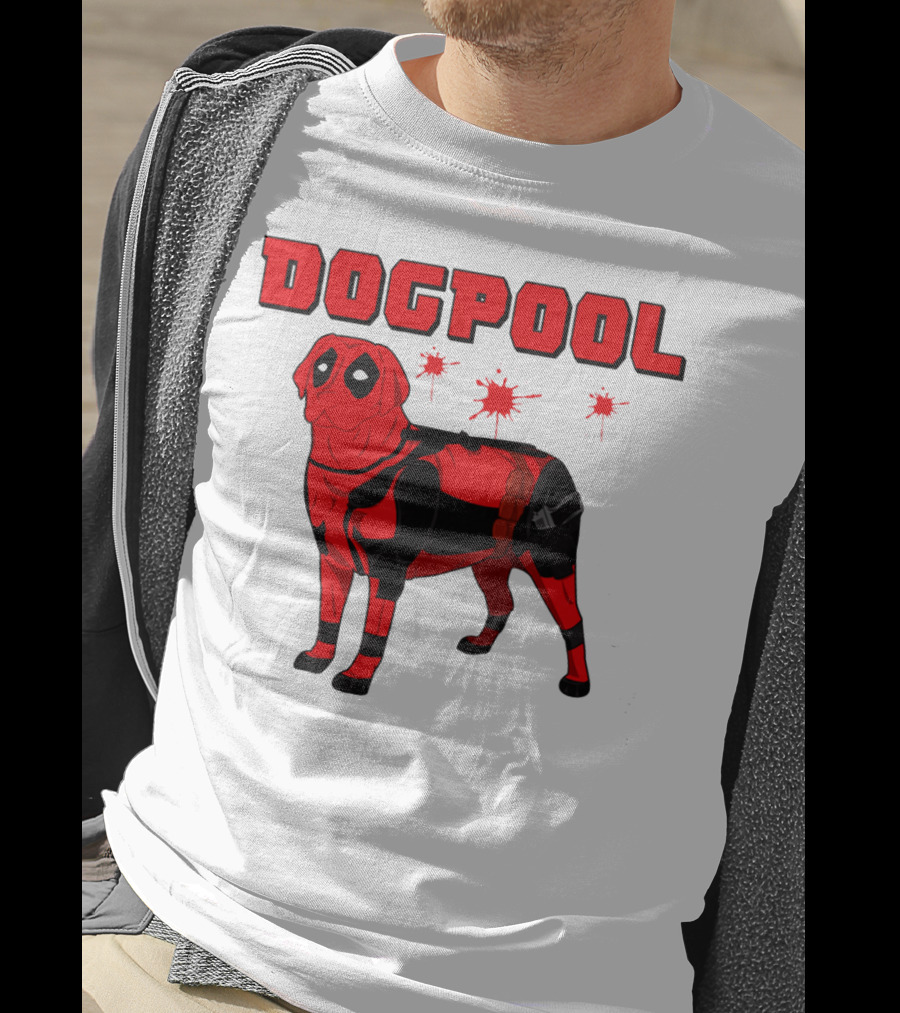 DOGPOOL Inspired By Deadpool With Red Suit And Splattered Background T-Shirt