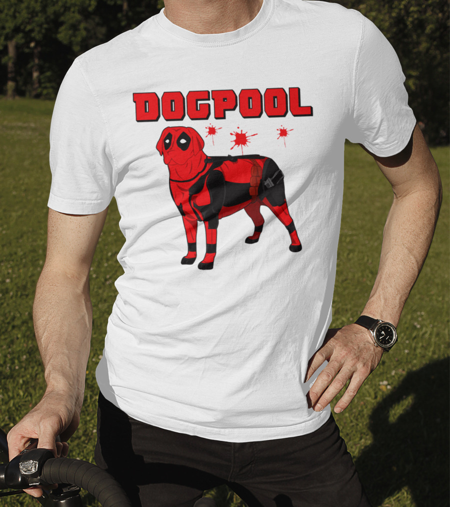 DOGPOOL Inspired By Deadpool With Red Suit And Splattered Background T-Shirt