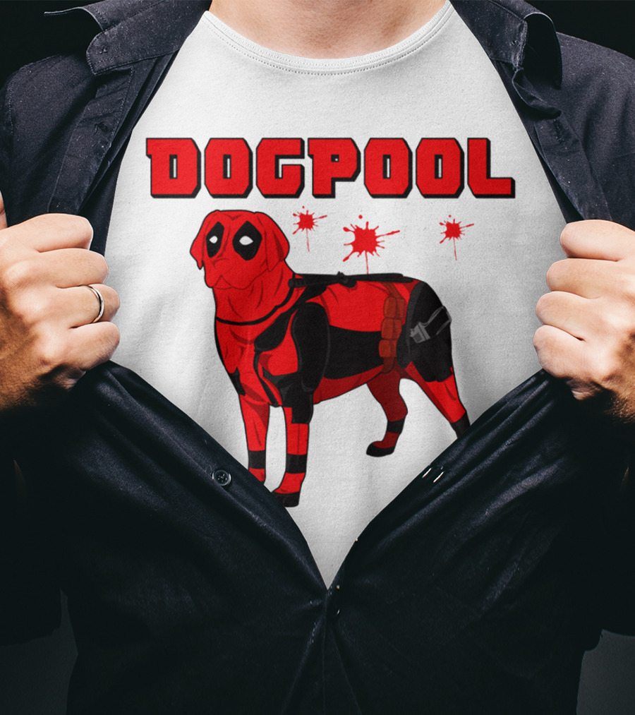 DOGPOOL Inspired By Deadpool With Red Suit And Splattered Background T-Shirt