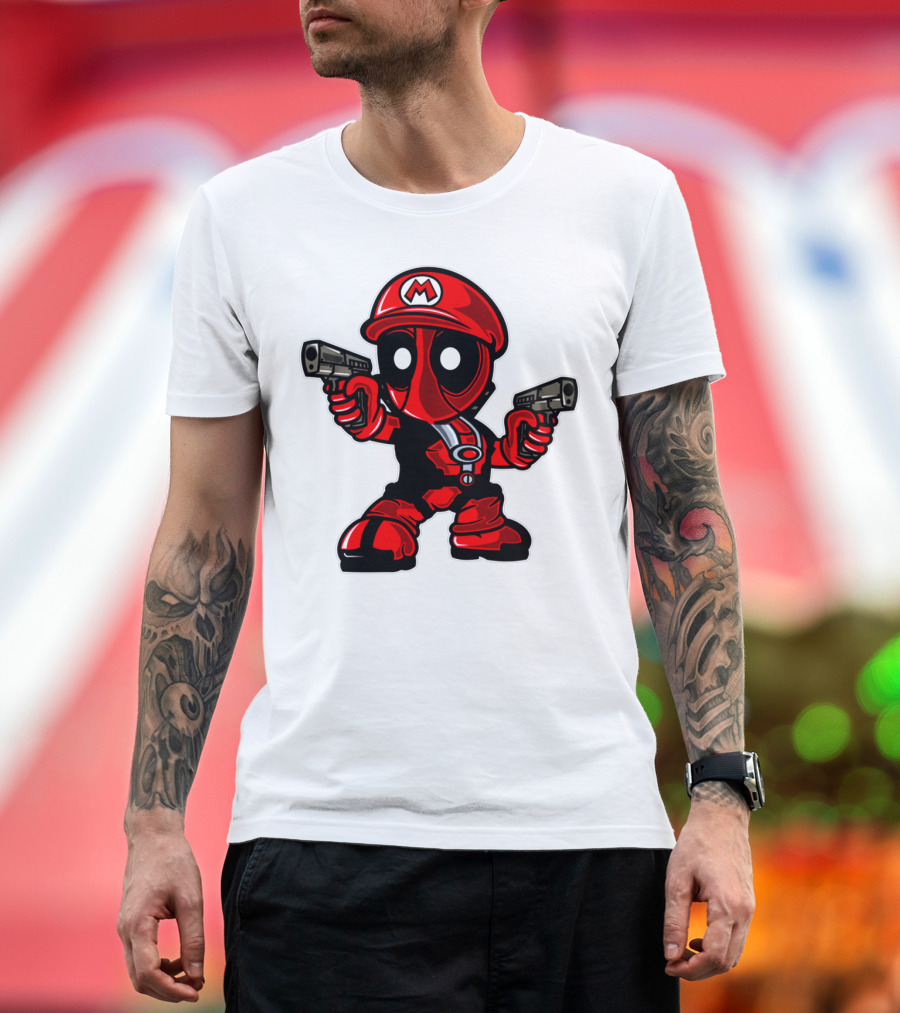 DEADPOOL MARIO PARODY CROSSOVER CHARACTER WITH GUNS T-Shirt