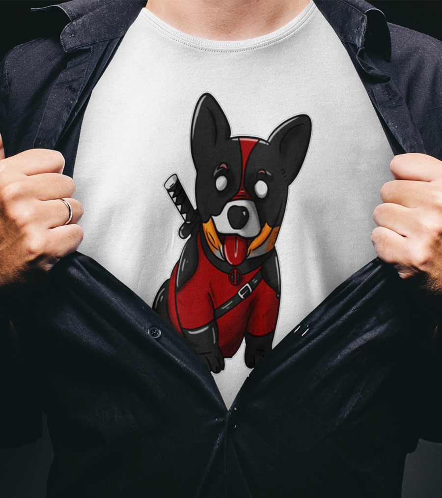 Corgipool Corgi Deadpool Merchandise Red Black Costume Sword Dog Iconic Character Image T-Shirt