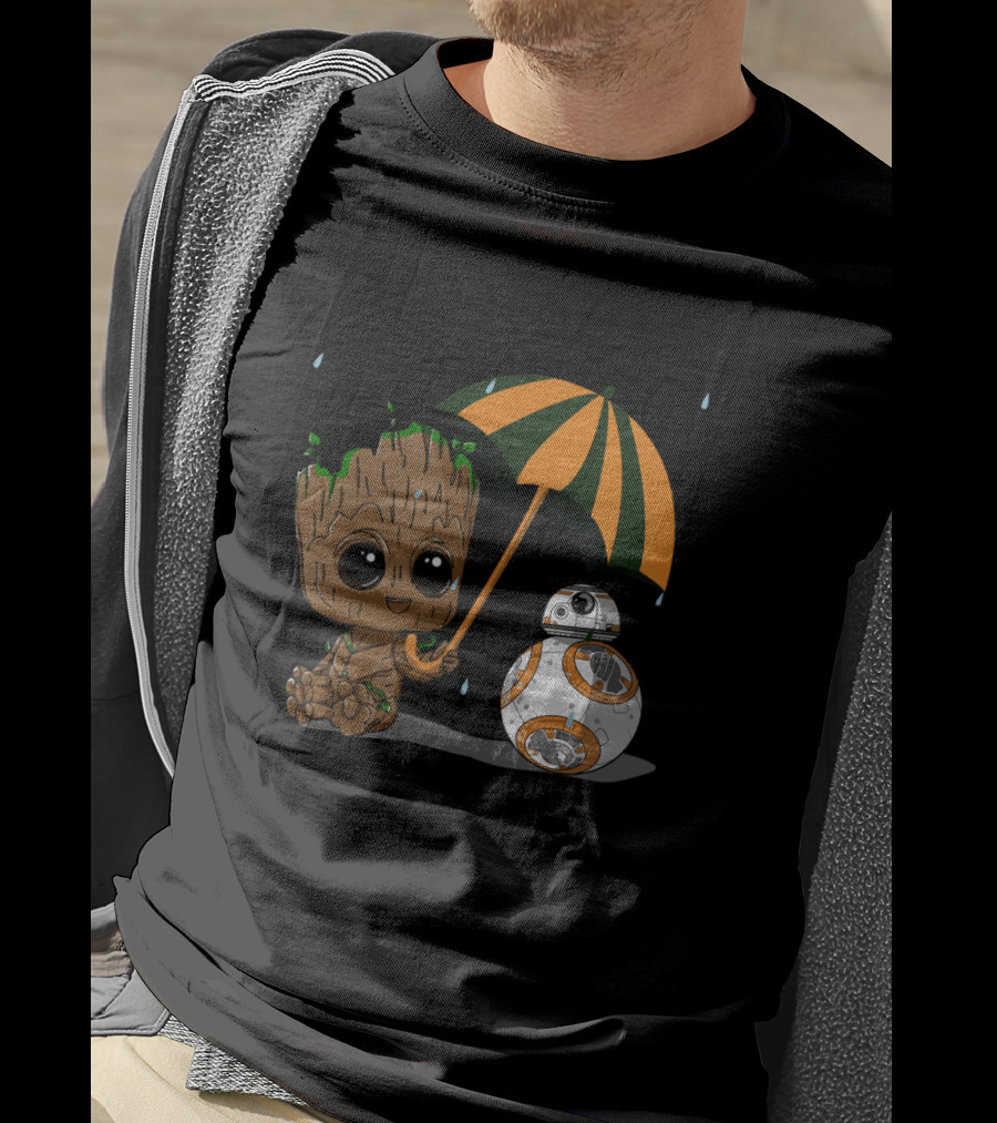 Groot And BB-8 Under Orange Green Umbrella With Raindrops T-Shirt