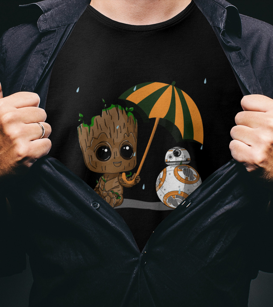 Groot And BB-8 Under Orange Green Umbrella With Raindrops T-Shirt