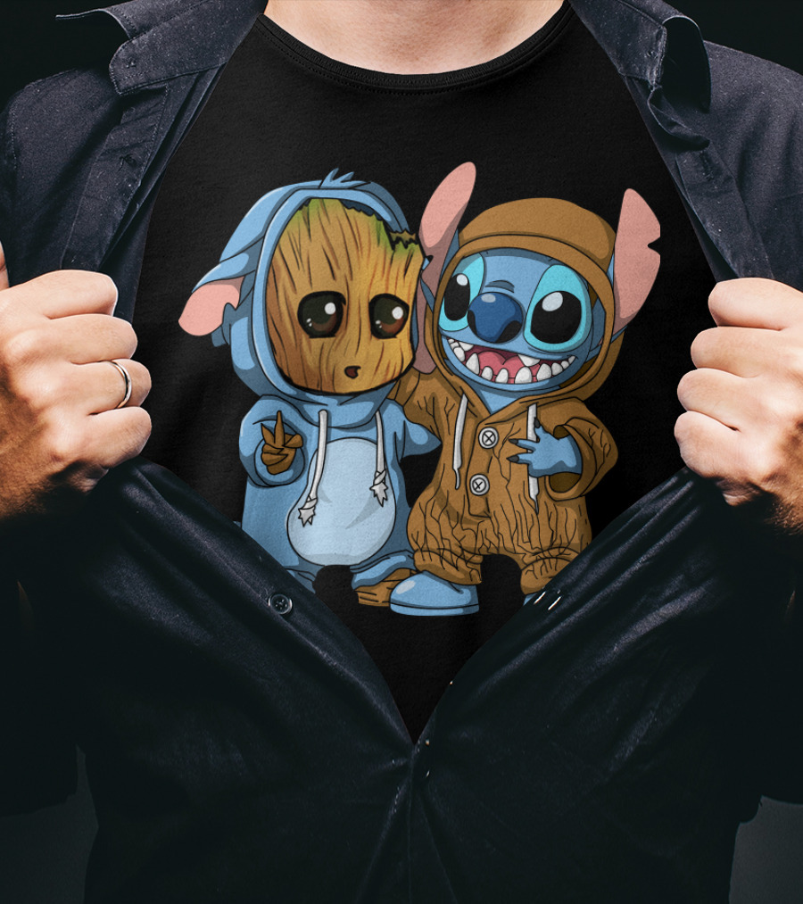 Adorable Groot And Stitch Crossover In Costume Friendship T-Shirt
