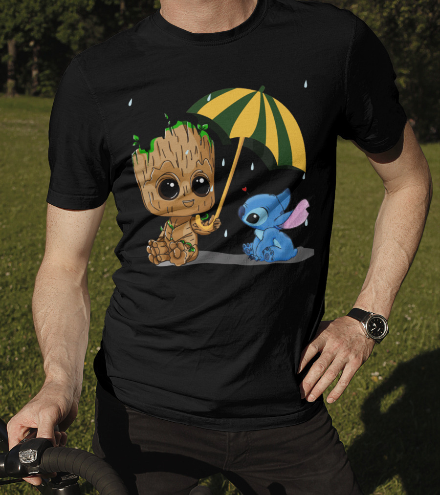 Groot And Little Stitch Friendship Under Umbrella With Raindrops And Heart T-Shirt