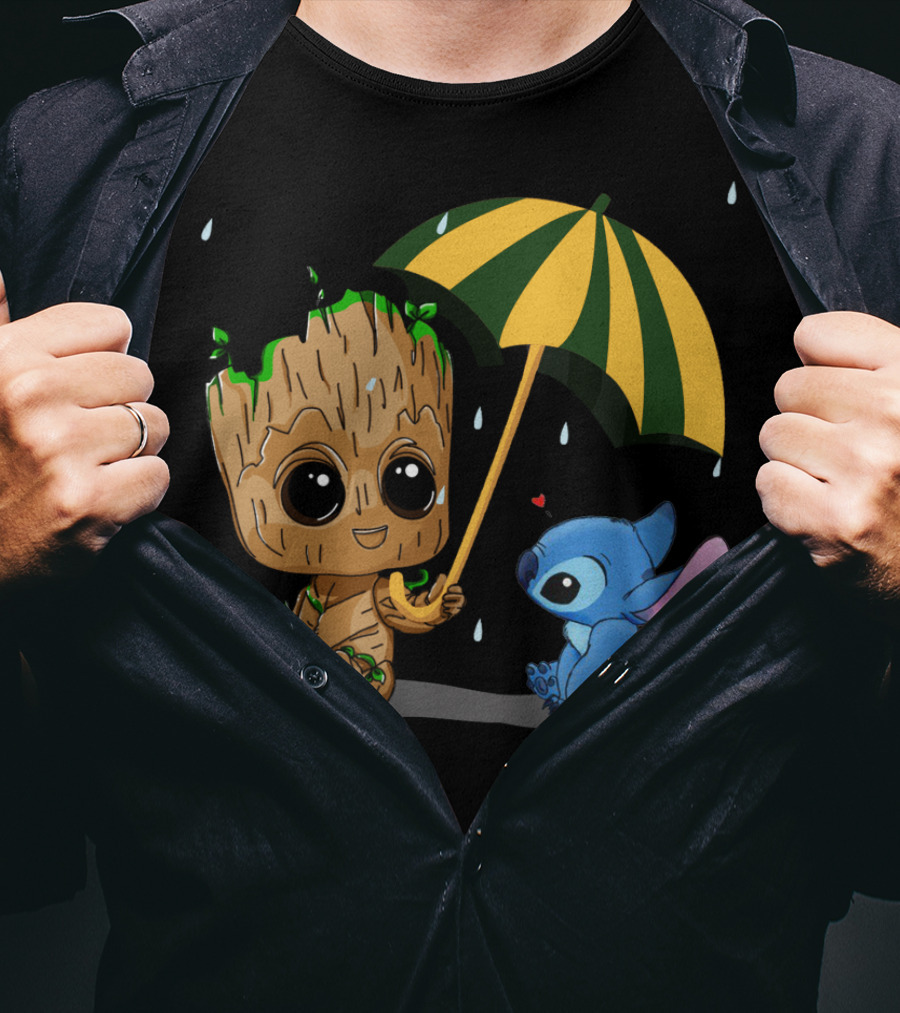 Groot And Little Stitch Friendship Under Umbrella With Raindrops And Heart T-Shirt