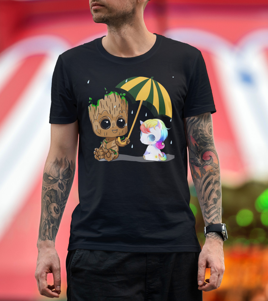 Groot Holding Umbrella Sitting with Cute Rainbow Unicorn T-Shirt