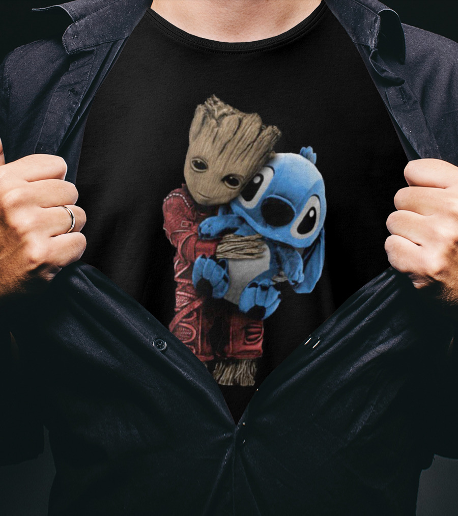 Groot And Baby Stitch Hugging Compilation Disney Marvel Crossover T-Shirt