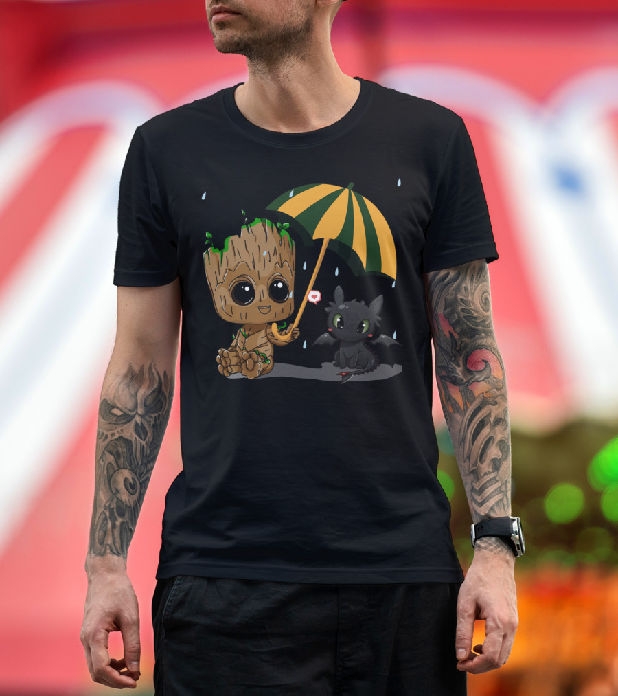 Groot and Little Hiccup Dragon Sharing Umbrella in the Rain T-Shirt