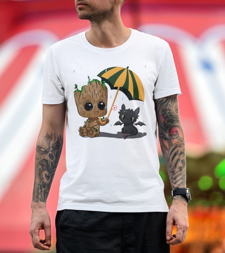 Groot And Little Hiccup Dragon Sharing Umbrella In The Rain T-Shirt