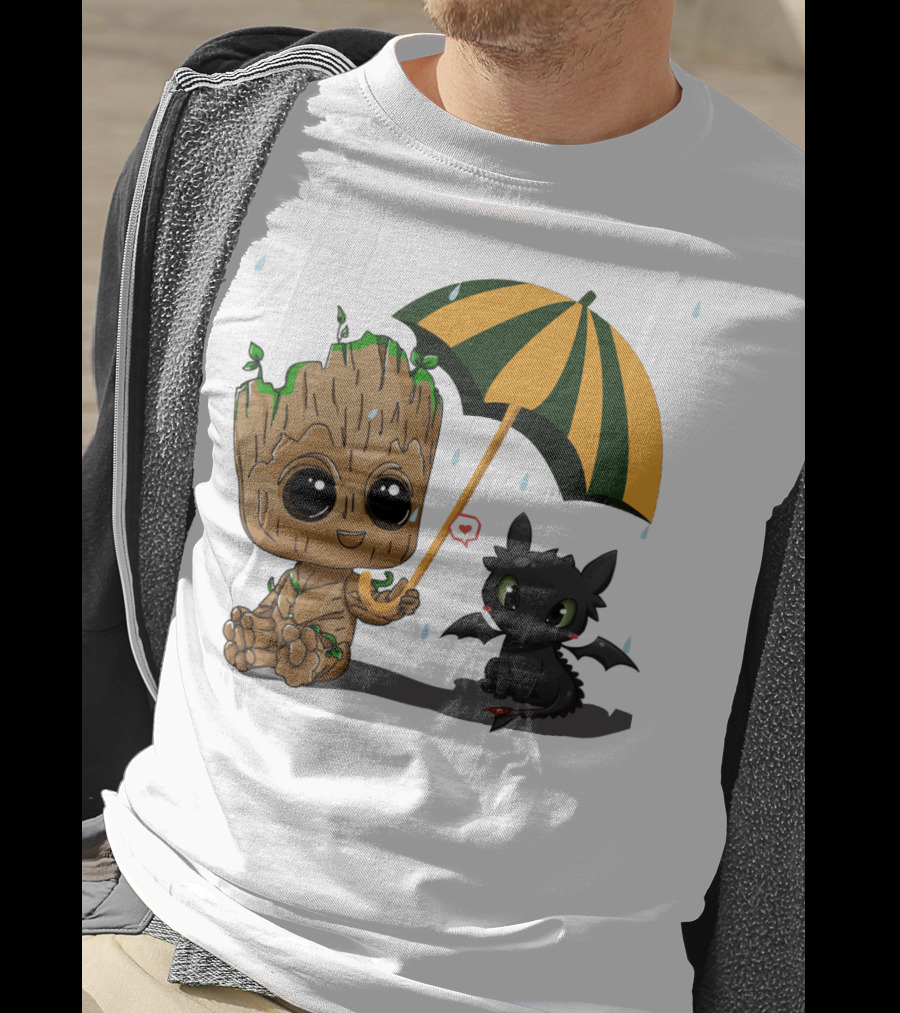 Groot And Little Hiccup Dragon Sharing Umbrella In The Rain T-Shirt