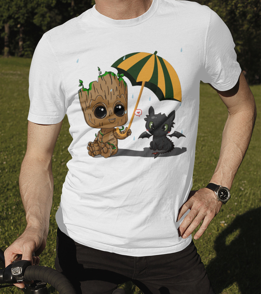 Groot And Little Hiccup Dragon Sharing Umbrella In The Rain T-Shirt