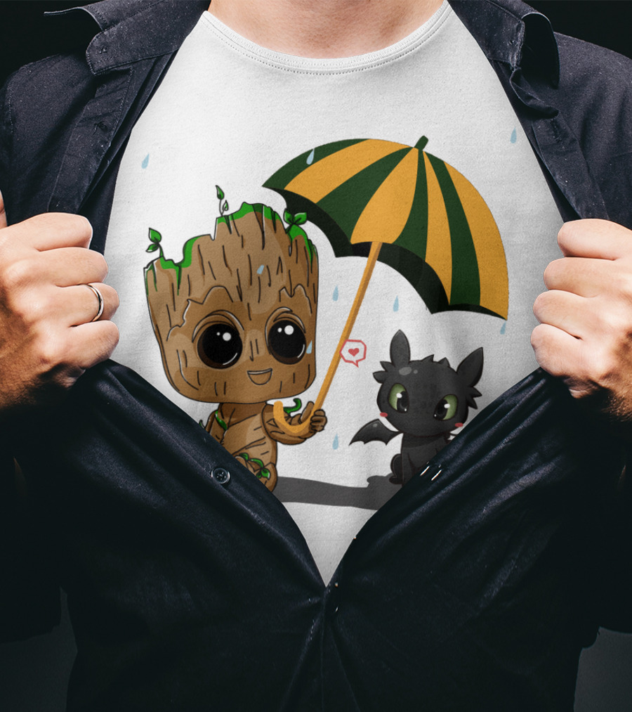 Groot And Little Hiccup Dragon Sharing Umbrella In The Rain T-Shirt