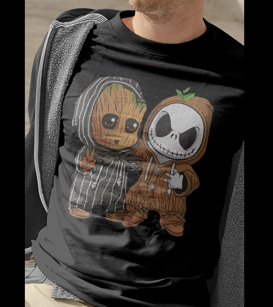 Groot In Striped Hoodie And Jack Skellington In Wood-Patterned Suit T-Shirt