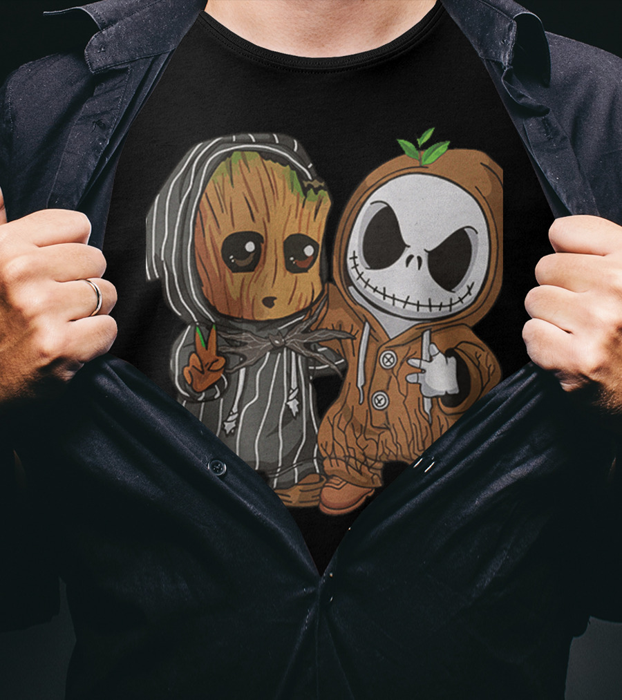Groot In Striped Hoodie And Jack Skellington In Wood-Patterned Suit T-Shirt