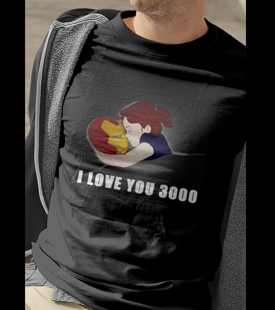 Morgan Stark Hugging Iron Man Helmet With I Love You 3000 Text T-Shirt