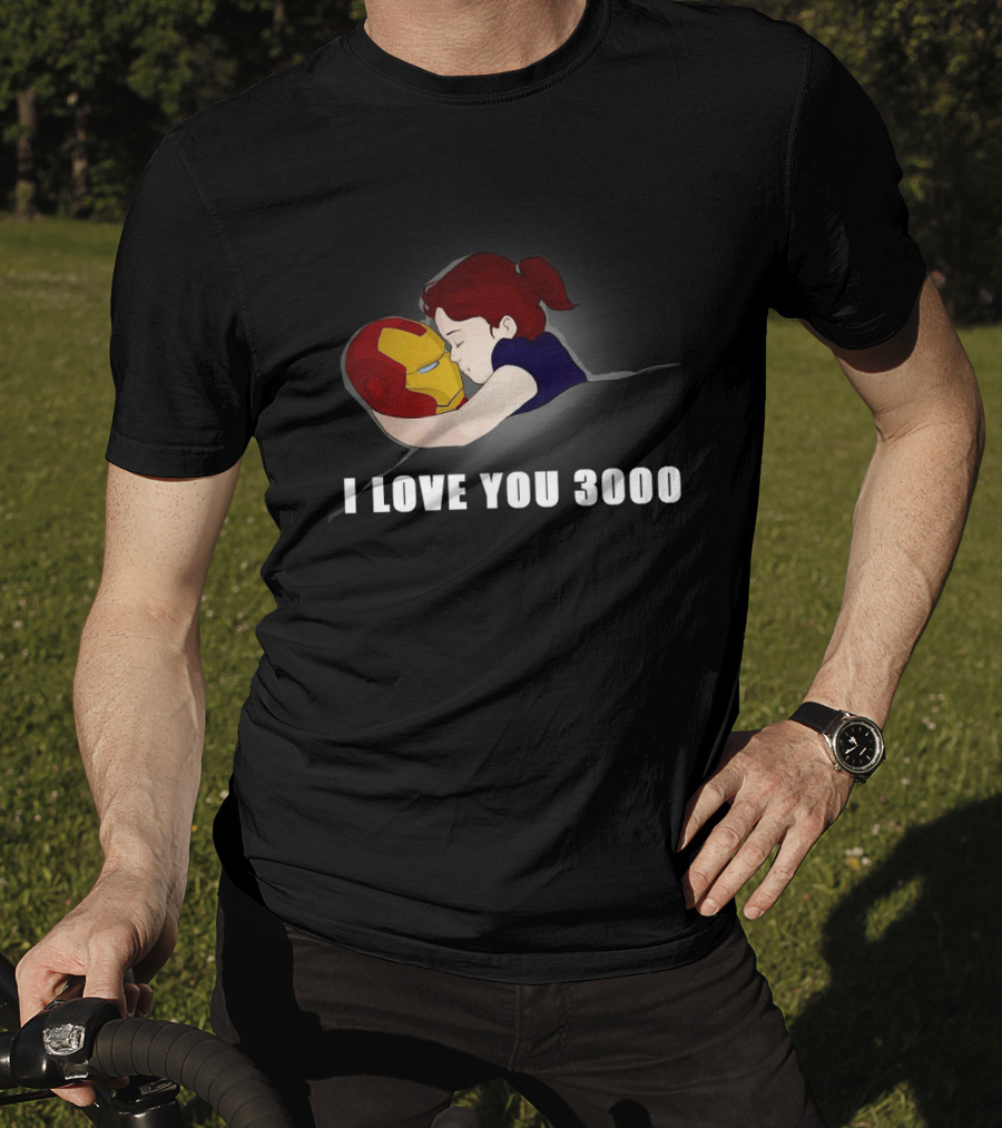 Morgan Stark Hugging Iron Man Helmet With I Love You 3000 Text T-Shirt