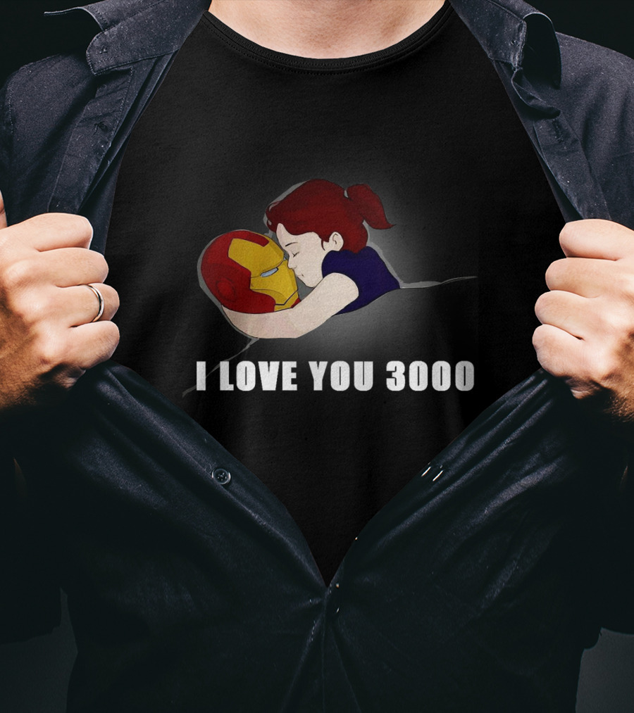 Morgan Stark Hugging Iron Man Helmet With I Love You 3000 Text T-Shirt