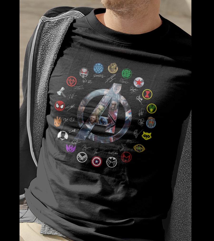 Avengers Endgame Icon With Character Portraits And Signatures Featuring Hero Symbols T-Shirt