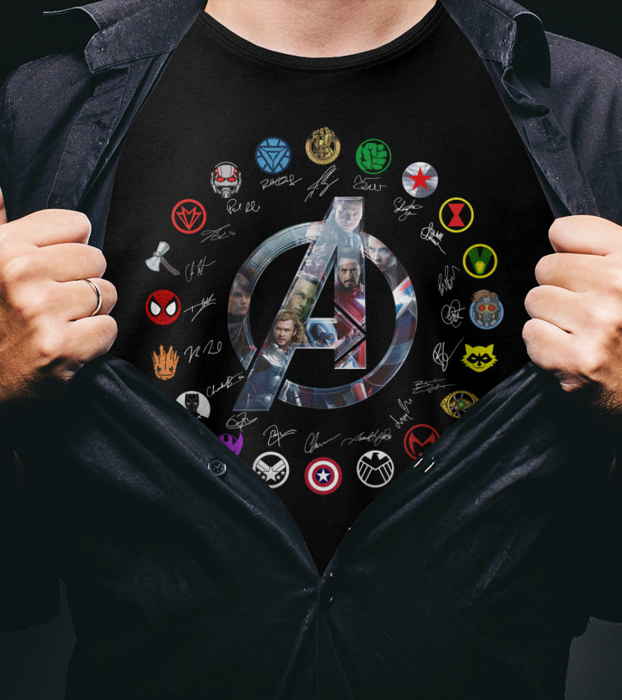 Avengers Endgame Icon With Character Portraits And Signatures Featuring Hero Symbols T-Shirt