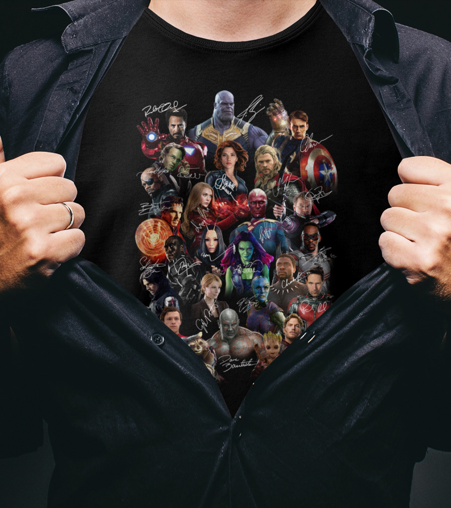 Marvel Avengers Endgame Cast Signatures Featuring Iconic Heroes And Villains T-Shirt