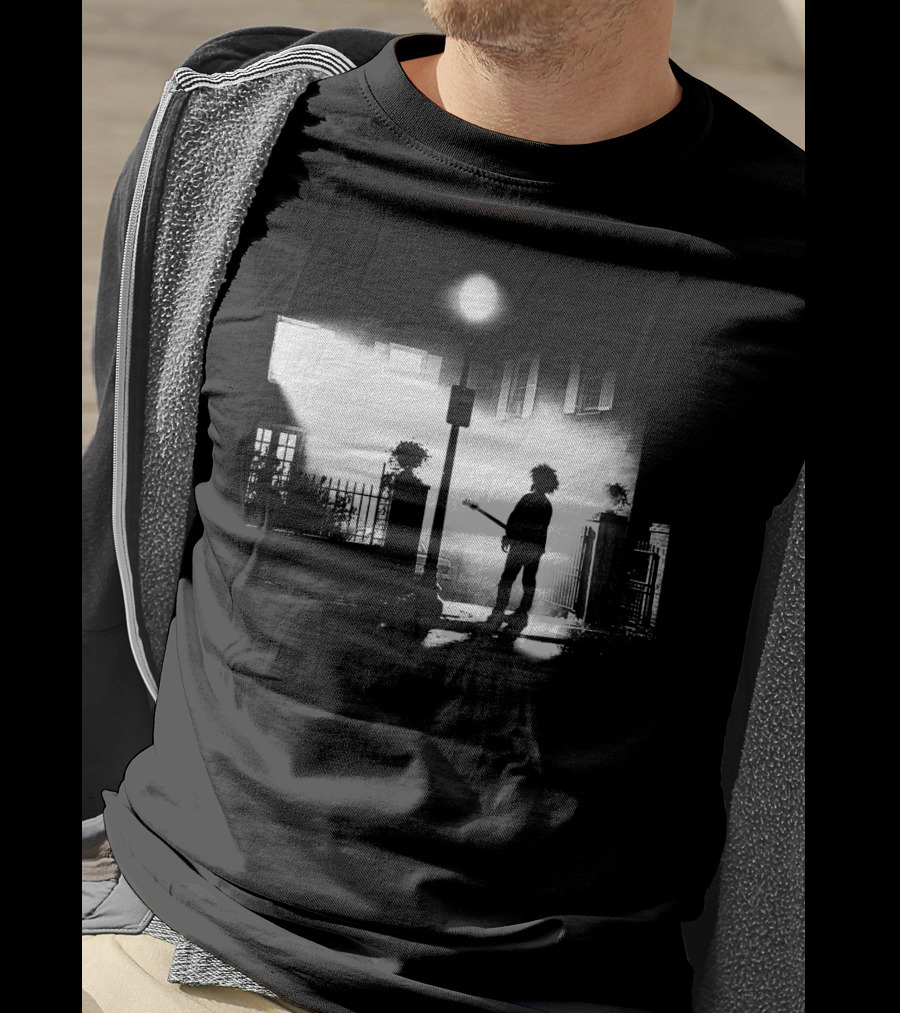 Curexorcist Gothic Silhouette Under Streetlight With Guitar In Black And White Urban Scene T-Shirt