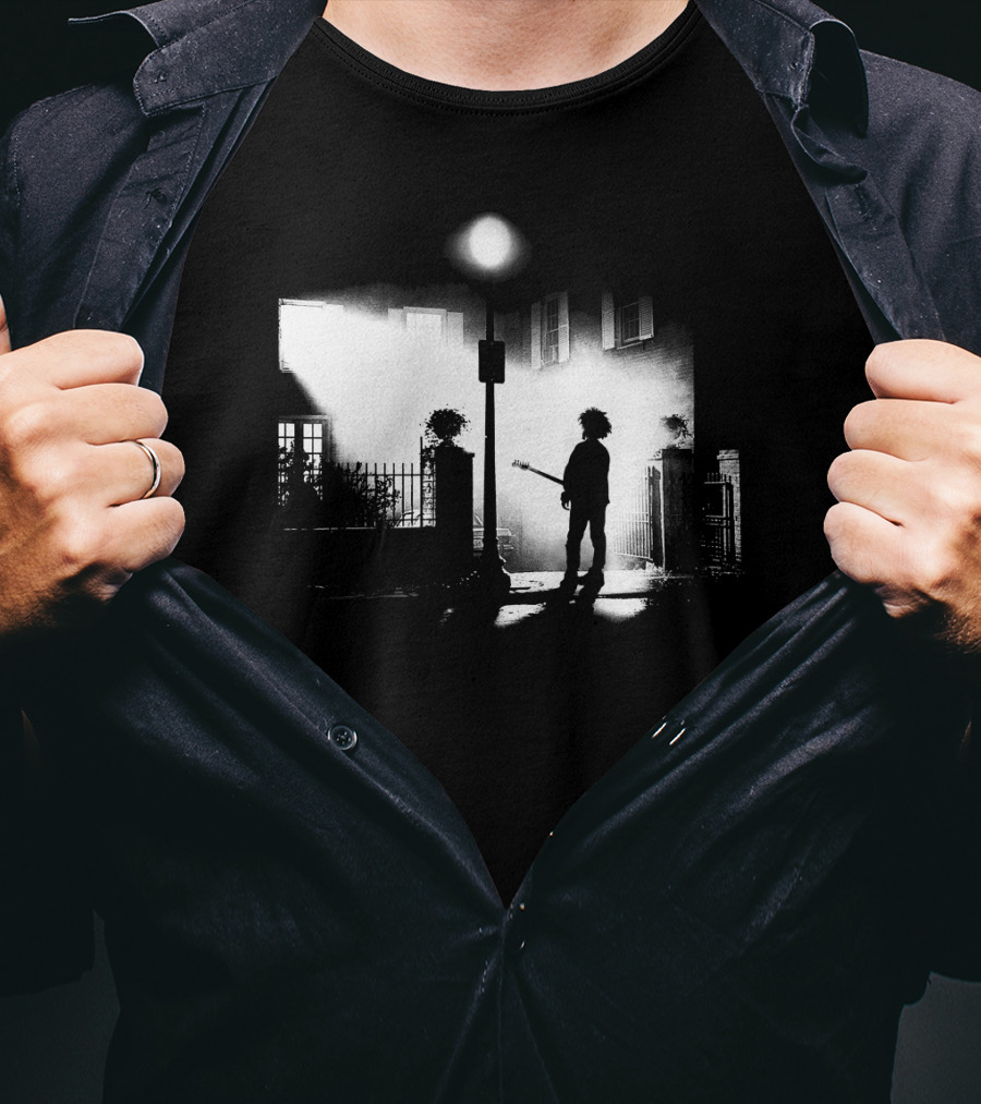 Curexorcist Gothic Silhouette Under Streetlight With Guitar In Black And White Urban Scene T-Shirt