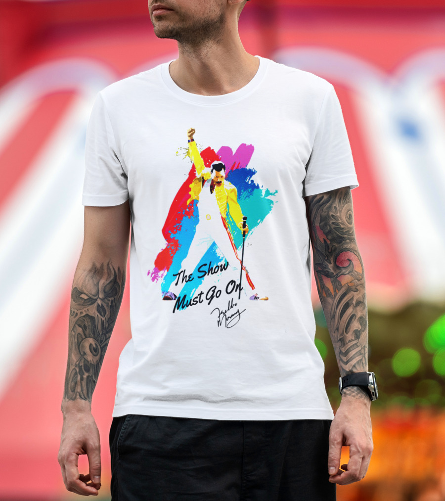 Queen The Show Must Go On Signature Artwork Colorful Freddie Mercury Image T-Shirt