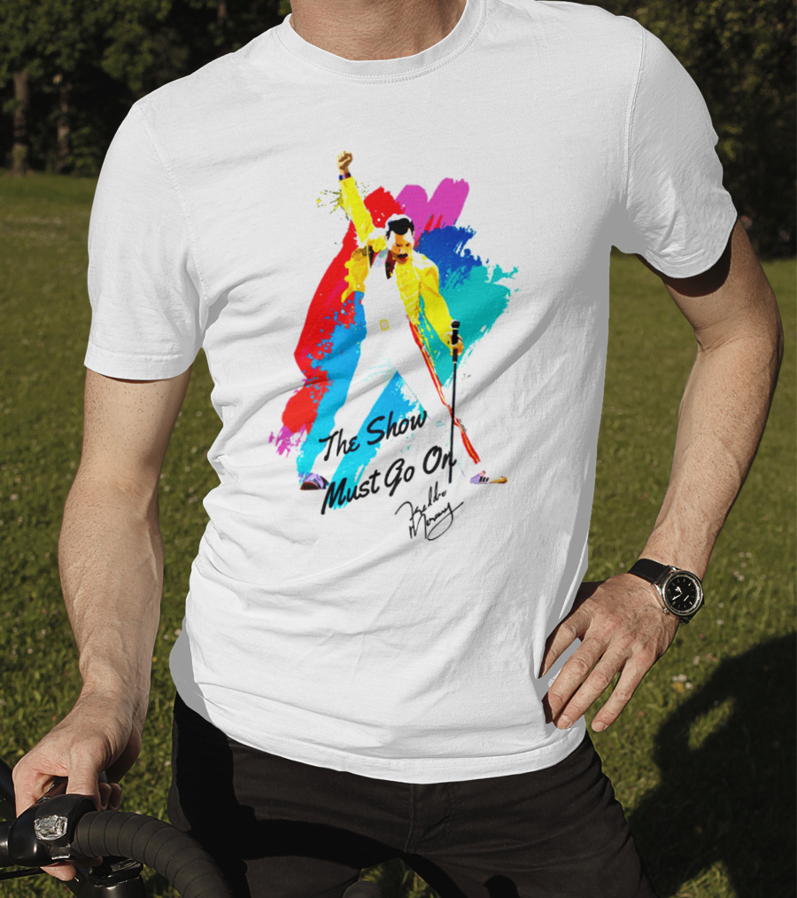 Queen The Show Must Go On Signature Artwork Colorful Freddie Mercury Image T-Shirt