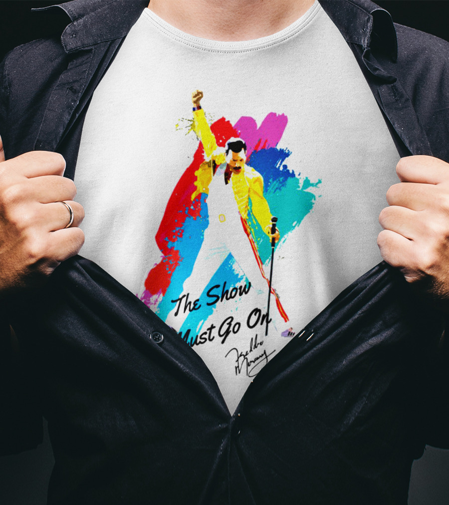 Queen The Show Must Go On Signature Artwork Colorful Freddie Mercury Image T-Shirt