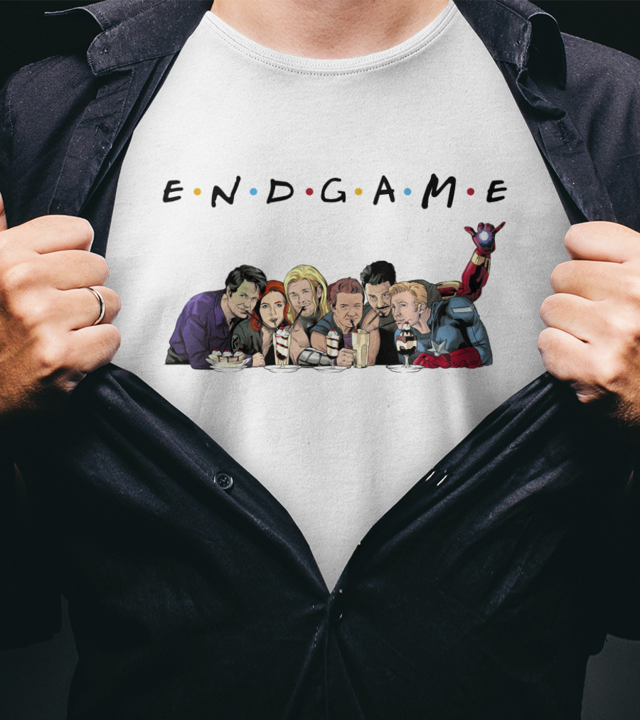 END GAME Avengers Coffeehouse Friends Parody Iconic Crossover T-Shirt