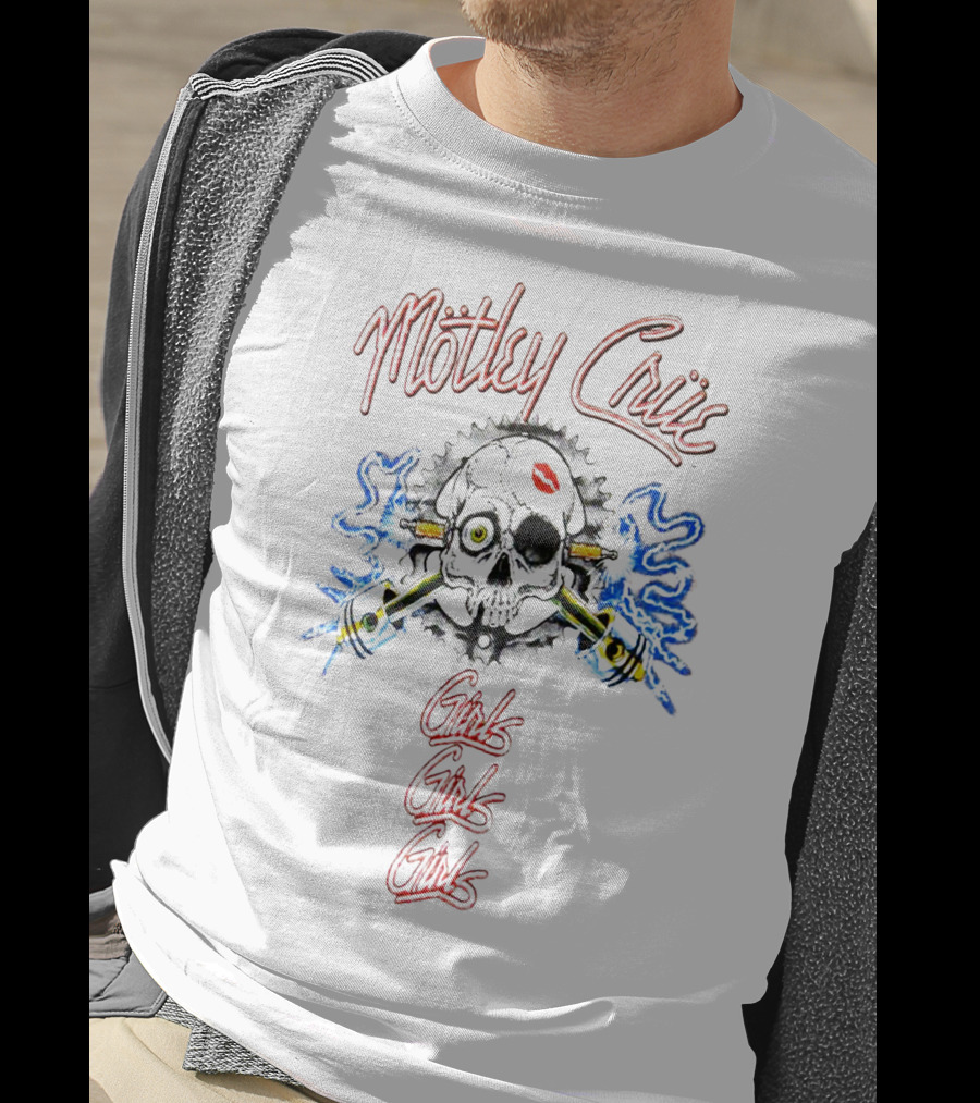 Mötley Crüe Girls Girls Girls Skull And Crossbones With Smoking Pistons And Red Lips Kiss T-Shirt
