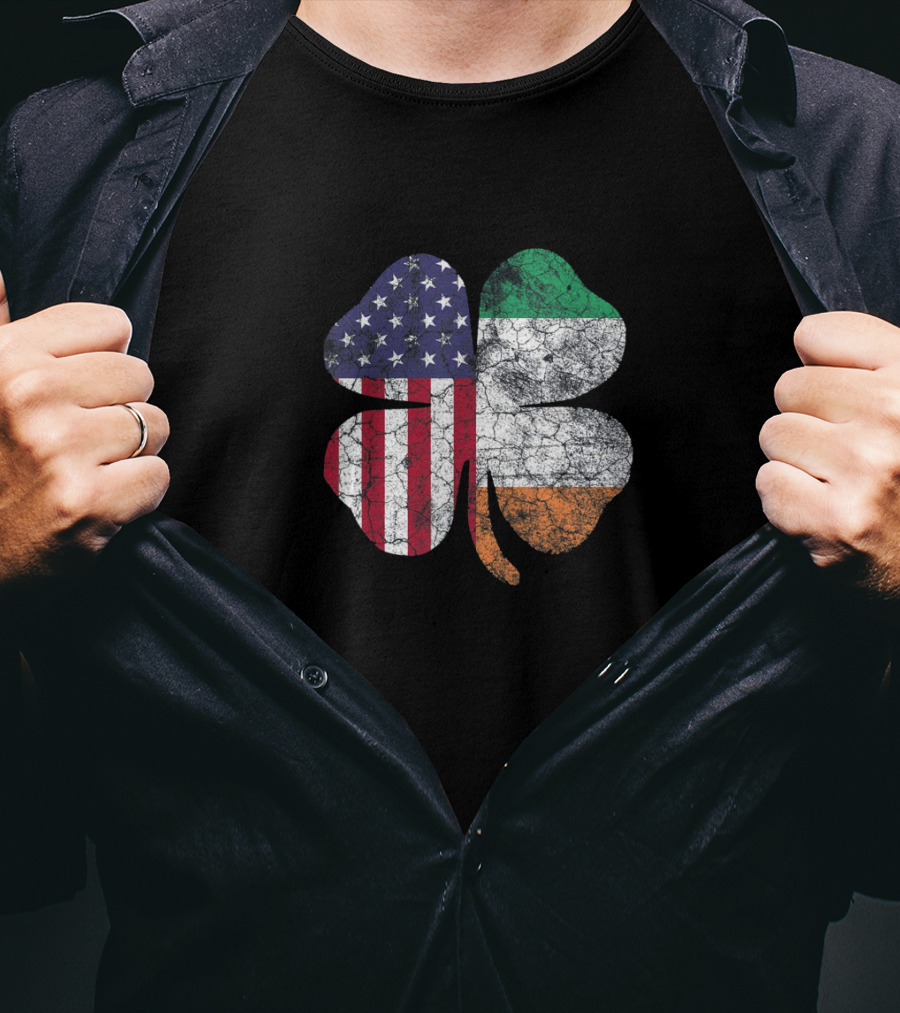 Irish American Flag Shamrock With Stars And Stripes And Tricolor Elements T-Shirt