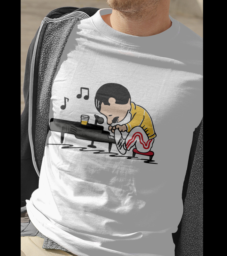 Freddie Mercury Cartoon At Piano With Music Notes And Beer Glass T-Shirt