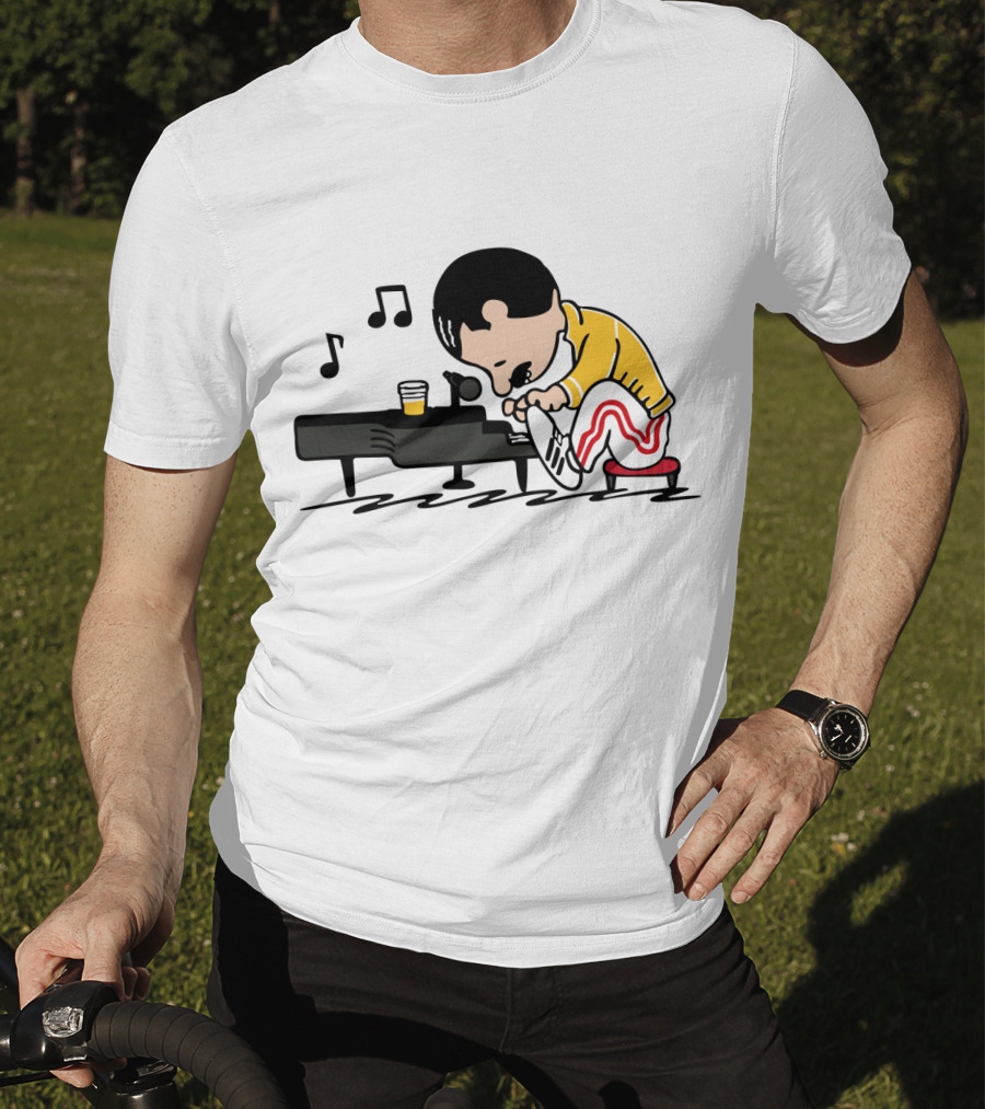 Freddie Mercury Cartoon At Piano With Music Notes And Beer Glass T-Shirt