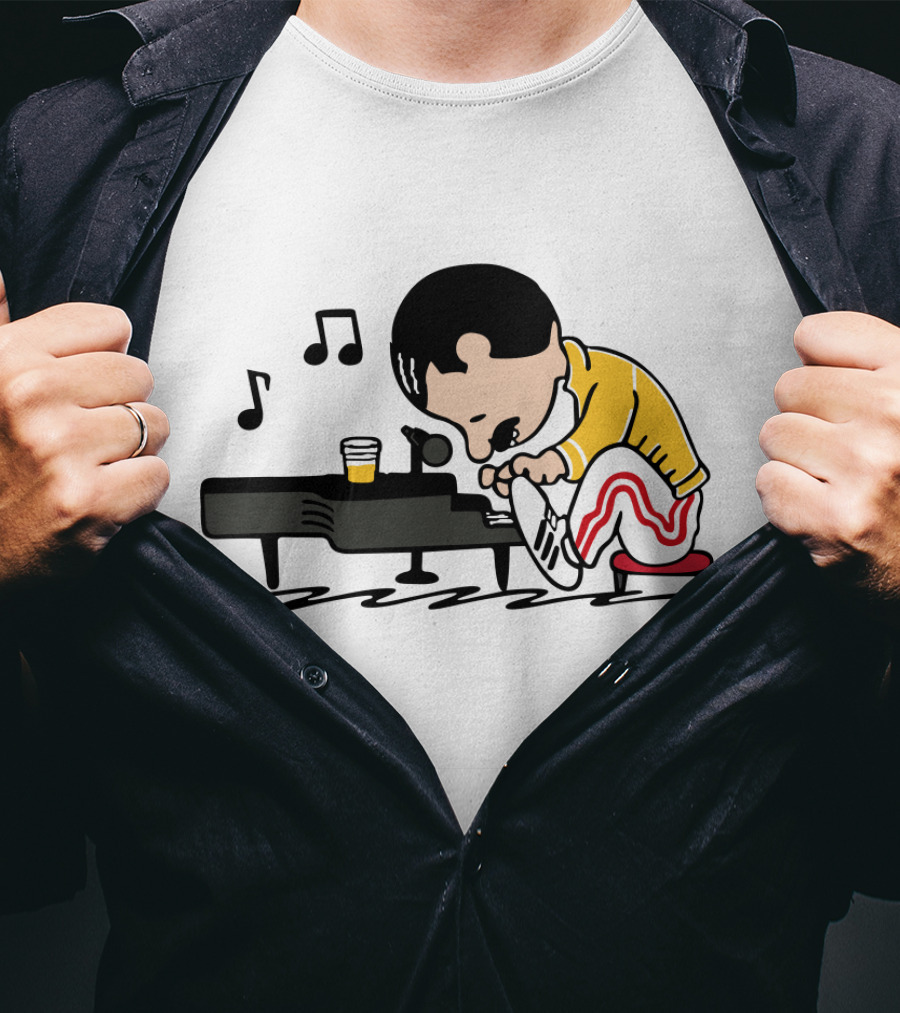 Freddie Mercury Cartoon At Piano With Music Notes And Beer Glass T-Shirt