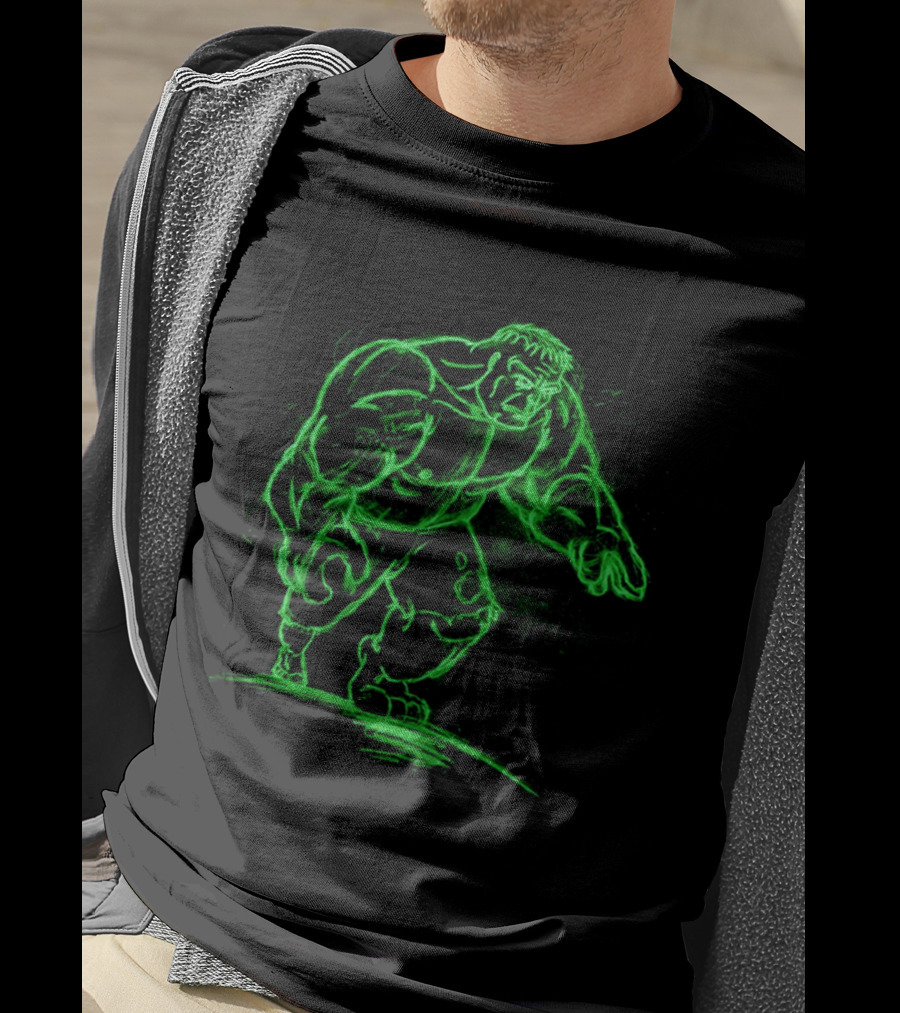 Green Neon Sketch Of Hulk In Dynamic Stance T-Shirt