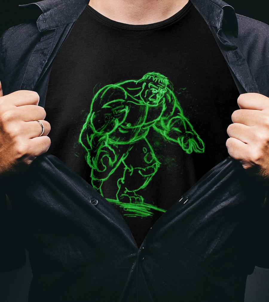 Green Neon Sketch Of Hulk In Dynamic Stance T-Shirt
