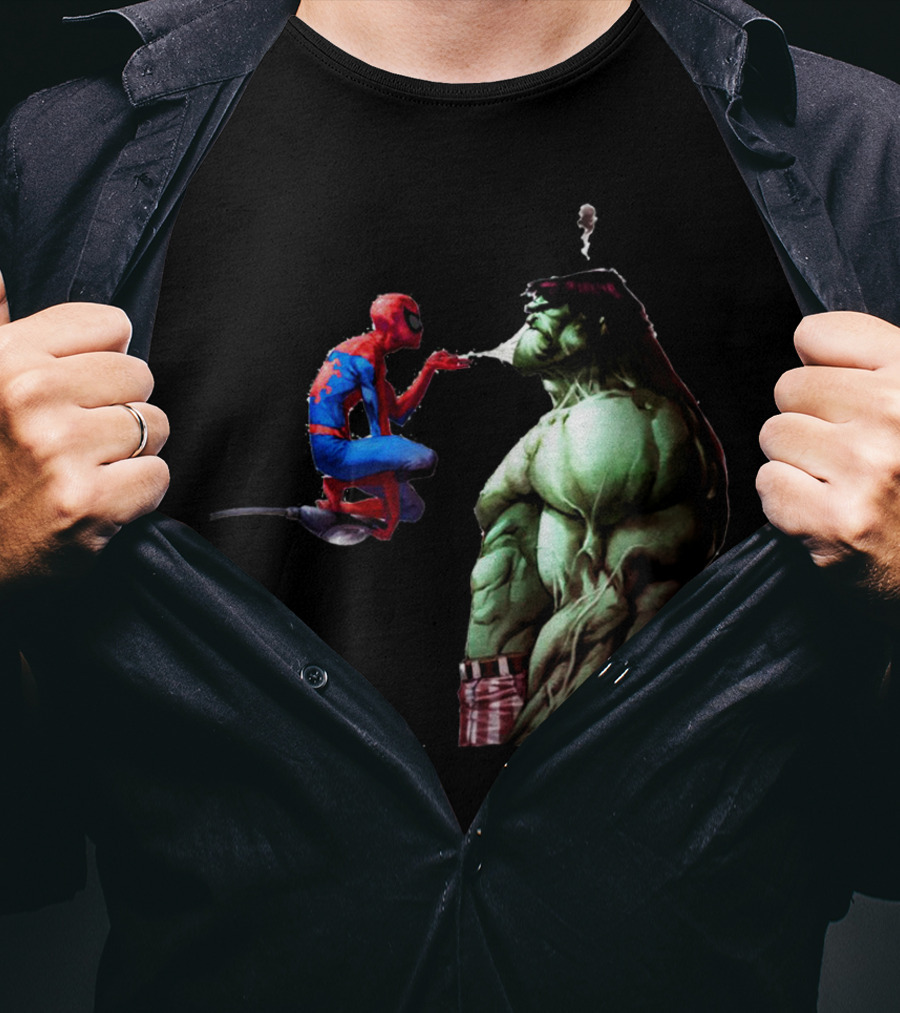 Hulk And Spiderman Coffee Confrontation Iconic Moment T-Shirt