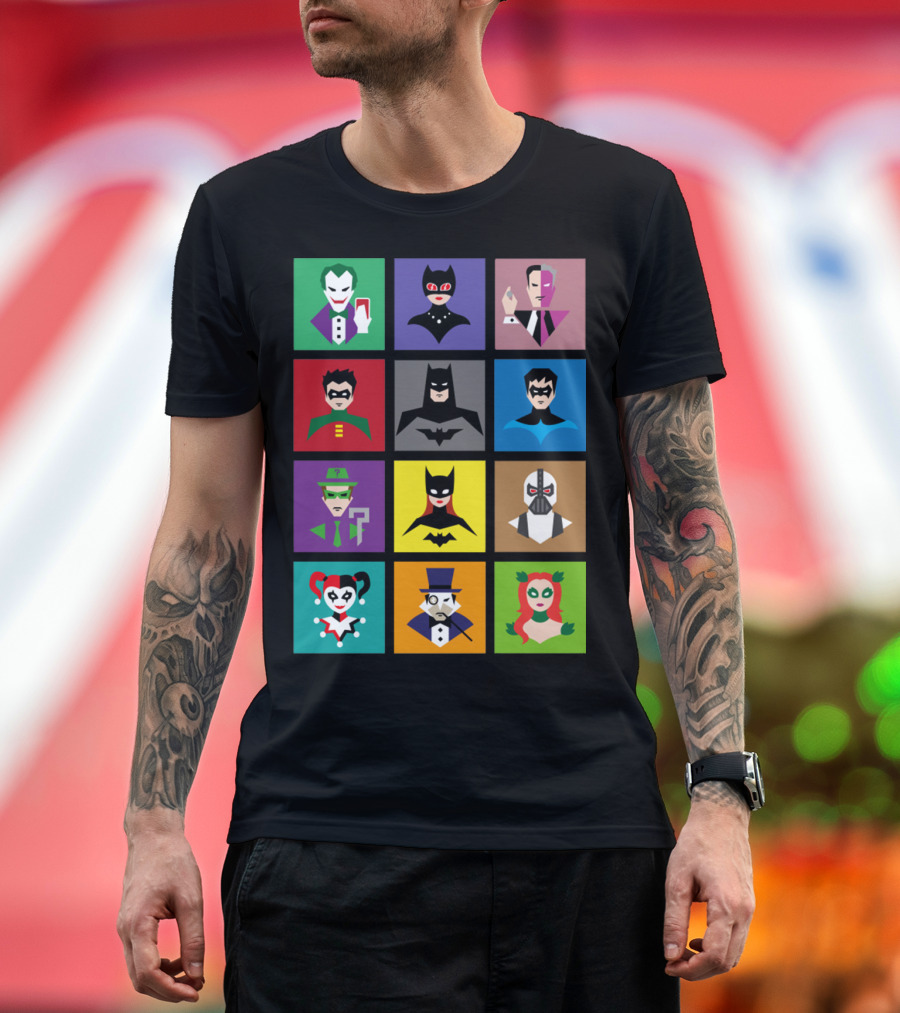 Batman Animated Villains Heroes Joker Catwoman Two-Face Robin Nightwing Riddler Batgirl Bane Harley Quinn Penguin Poison Ivy T-Shirt