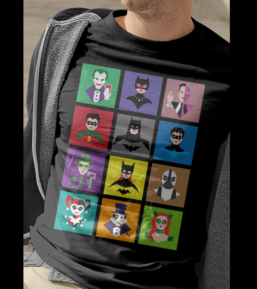Batman Animated Villains Heroes Joker Catwoman Two-Face Robin Nightwing Riddler Batgirl Bane Harley Quinn Penguin Poison Ivy T-Shirt