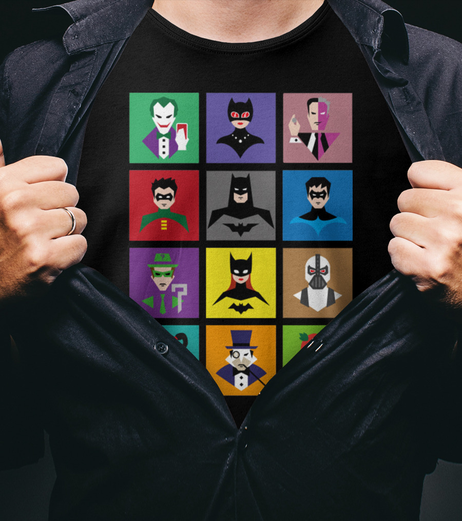 Batman Animated Villains Heroes Joker Catwoman Two-Face Robin Nightwing Riddler Batgirl Bane Harley Quinn Penguin Poison Ivy T-Shirt