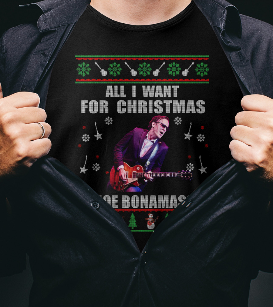 All I Want For Christmas Is Joe Bonamassa Holiday Sweater Design Snowflakes Guitars T-Shirt