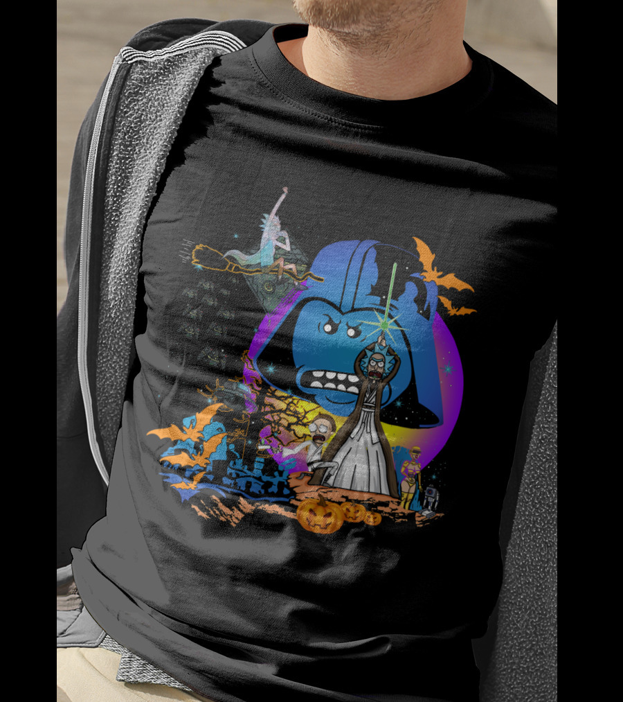 RICK MORTY Star Wars Darth Vader Halloween Crossover With Lightsabers And Pumpkins T-Shirt