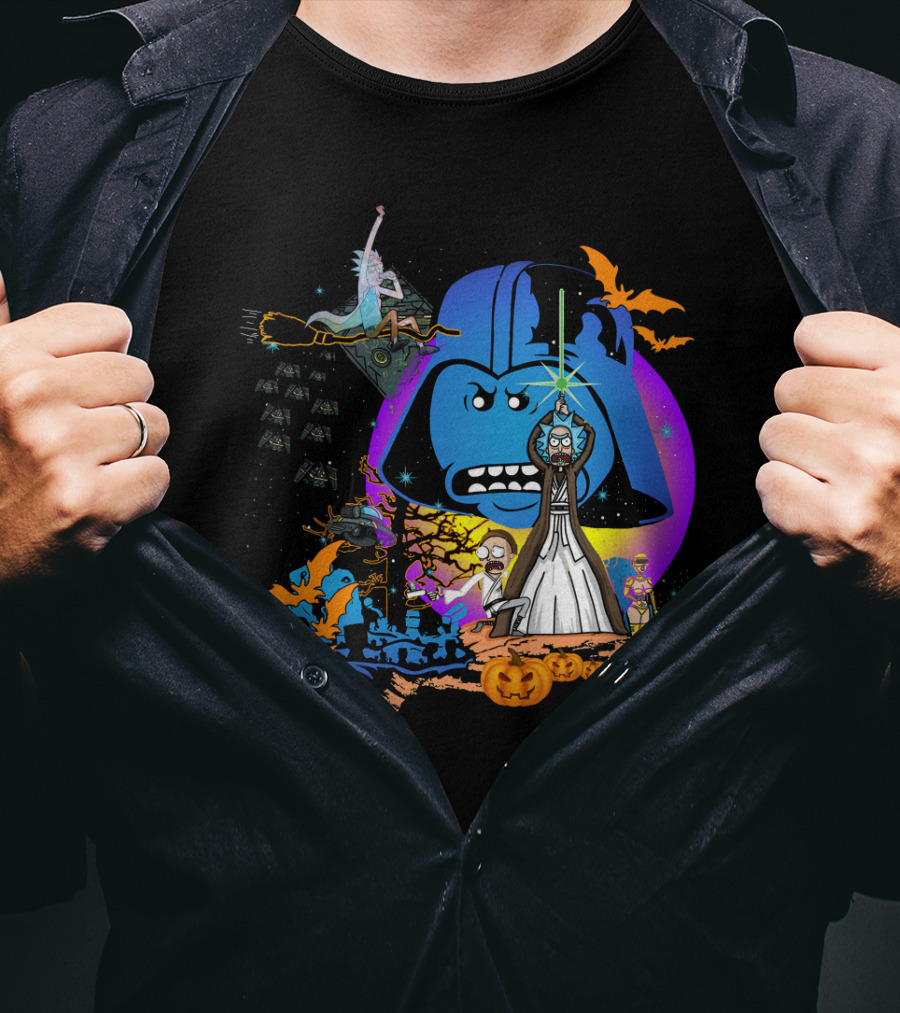 RICK MORTY Star Wars Darth Vader Halloween Crossover With Lightsabers And Pumpkins T-Shirt