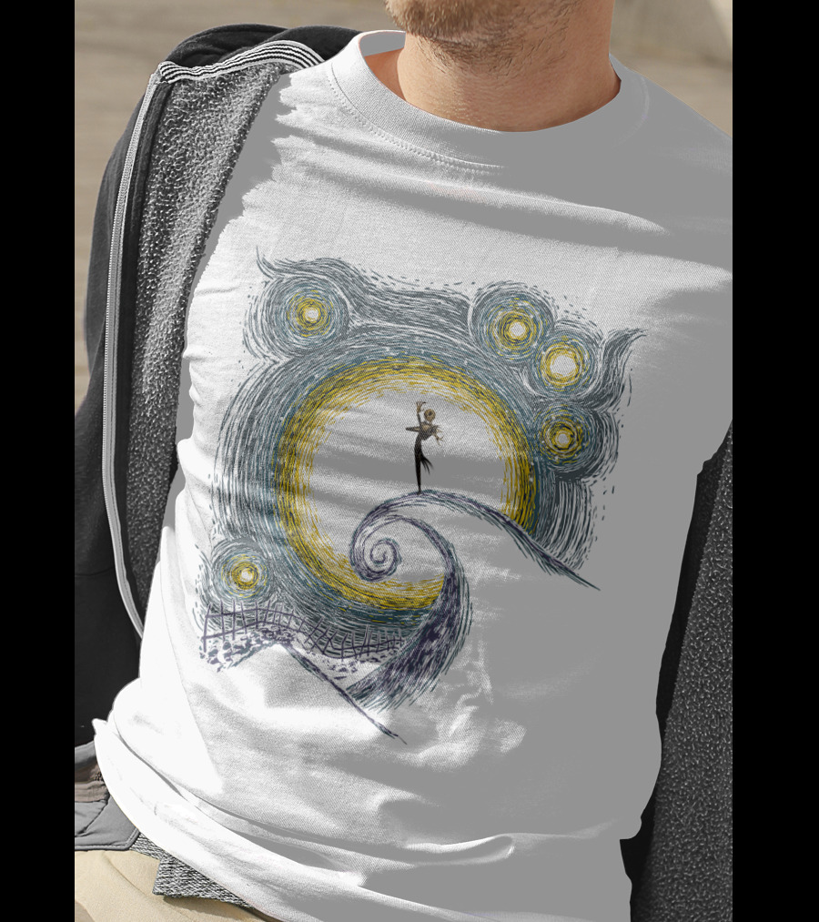 Jack Skellington On Curled Hill With Starry Night Inspired Background T-Shirt
