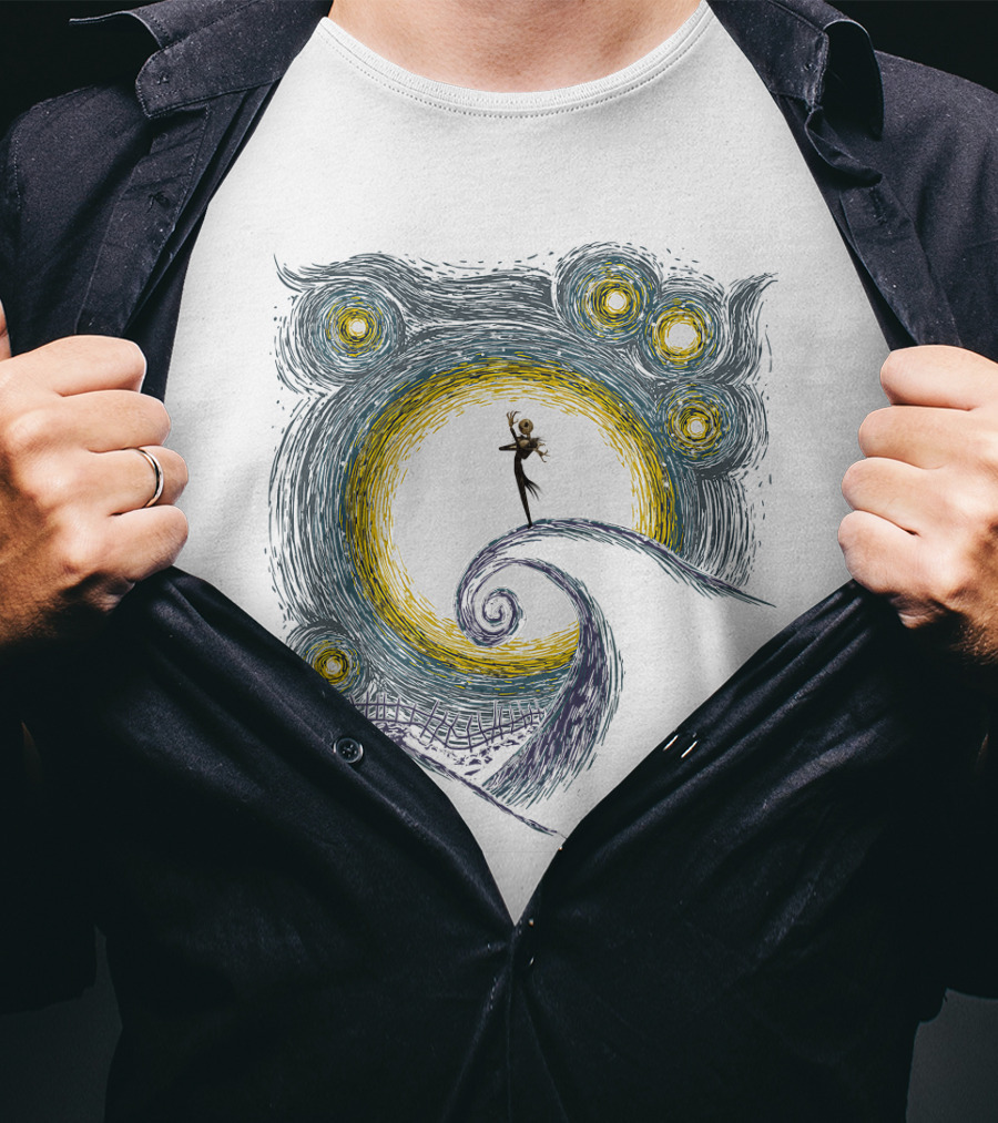 Jack Skellington On Curled Hill With Starry Night Inspired Background T-Shirt