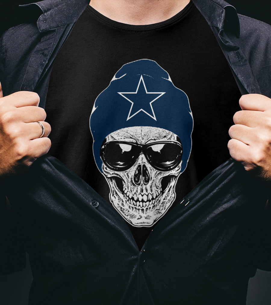 Dallas Cowboys Skull With Star Beanie And Sunglasses T-Shirt