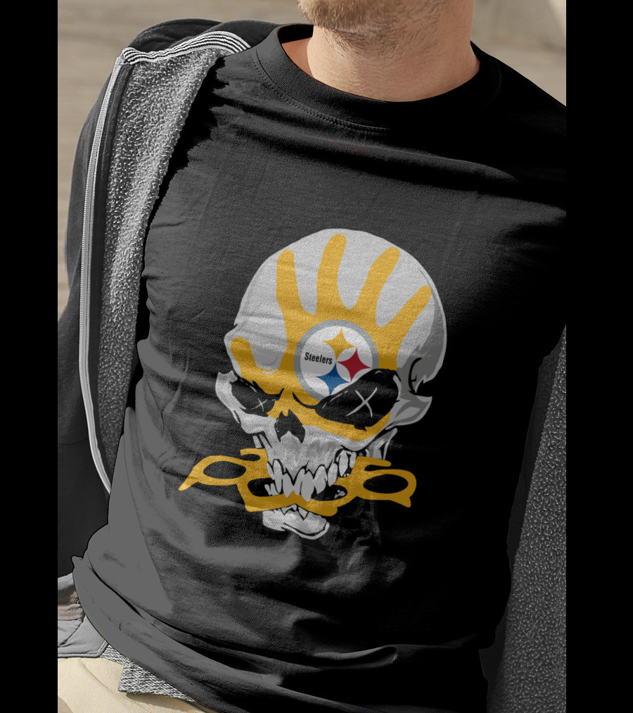 Pittsburgh Steelers Skull With Logo And Brass Knuckles T-Shirt